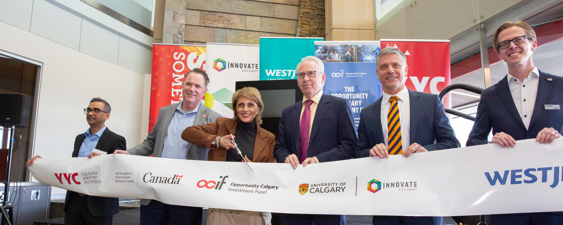 Among those helping to launch the Aerospace Innovation Hub were, from left: Neeraj Gupta, Brad Parry, Jyoti Gondek, Ed McCauley, Chris Dinsdale, and Christian Novosel.