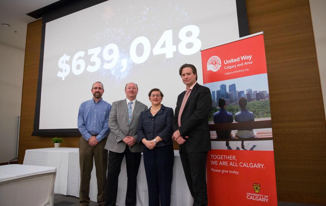 The University of Calgary officially celebrated its 2017 United Way campaign at a luncheon Jan. 19, 2018, thanking cabinet members, volunteers and campaign leadership; from left: Shane Royal, Jackie Sieppert, Diane Kenyon, Bill Rosehart. Photo by Riley Brandt, University of Calgary