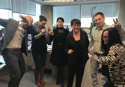 Faculty and staff of the Snyder Institute for Chronic Diseases, from left: Nathan Peters, Michelle Nelson, Lucia Wang, Joyce Maloney, Paul Kubes and Elizabeth Saquibal, get their dance moves on in preparation for the 3 p.m. dance party.