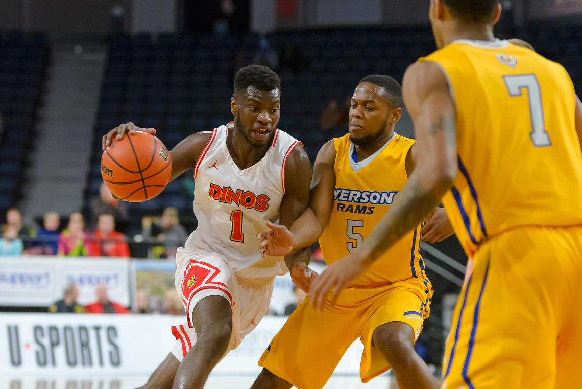 Dinos Mambi Diawara, above, and David Kapinga, below in action against the Ryerson Rams in the U Sports national championship game.