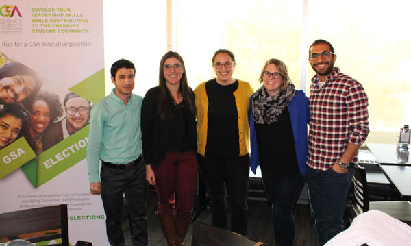 The new Graduate Students' Association executive, from left: Mohammad Mansouri, Marcela Lopes, Elena Favaro, President Brit Paris, and Mina Iskander.