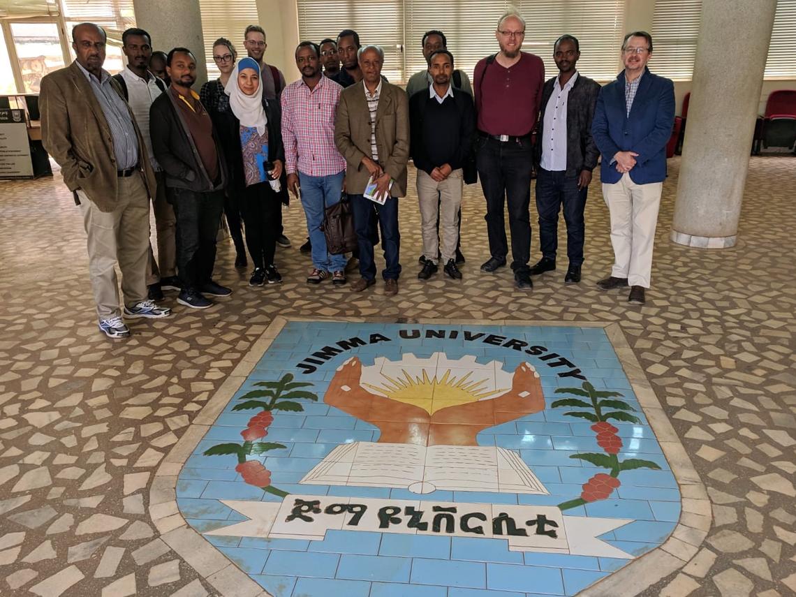 At Jimma University, the team facilitated a workshop in bioinformatics and continues to build further research collaboratons with the university in Ethiopia. Pictured here: Kaylee Rich, Stephen Pollo, Alya Heirali, Lashitew Gedamu, Guido van Marle and John Gilleard.