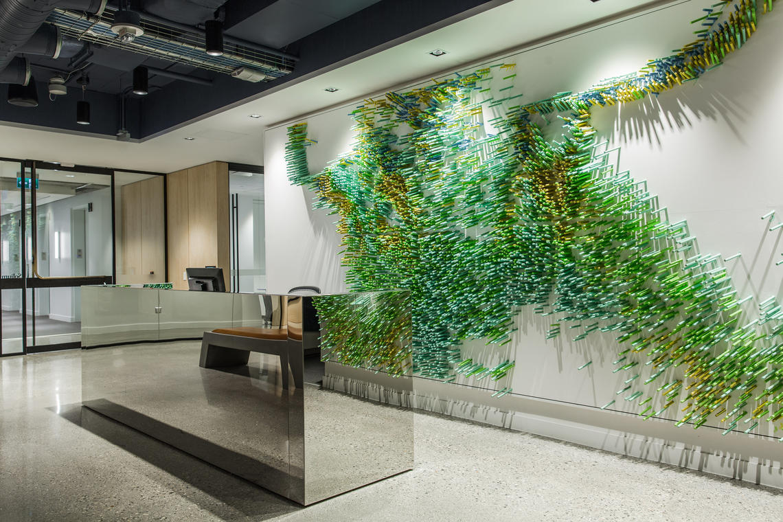 The Stock Wall, designed at the University of Calgary's Laboratory for Integrative Design, greets visitors as they enter the office of Solium Capital in Calgary.