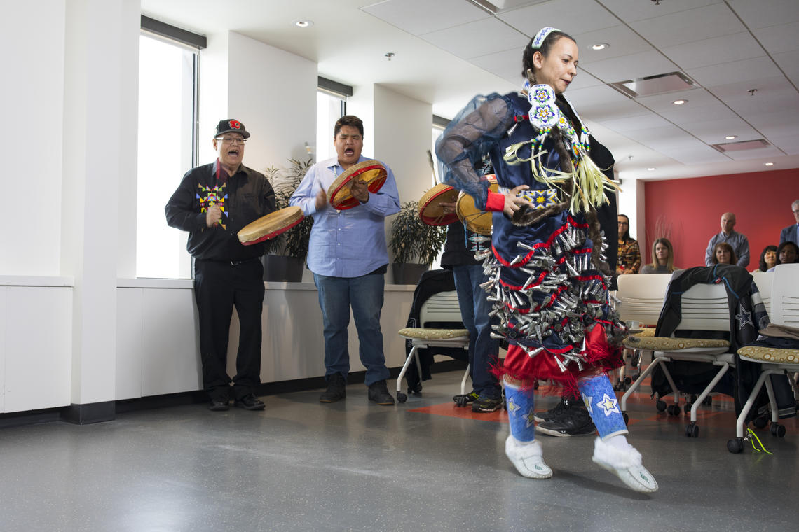 Tanya McDougall, a new graduate student in the Werklund School of Education’s MEd Indigenous cohort, performs a jingle dress dance during the signing ceremony between the University of Calgary and partner organization Manitoba First Nations Education Resource Centre.