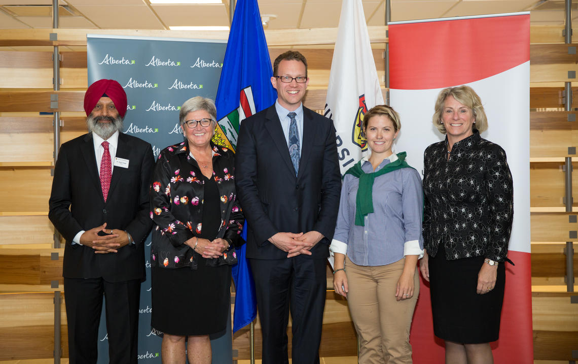 Taking part in the announcement at the University of Calgary were, from left: Faculty of Veterinary Medicine Dean Baljit Singh, Provost Dru Marshall, Minister of Advanced Education Marlin Schmidt, student Elizabeth Riddett, and President Elizabeth Cannon.
