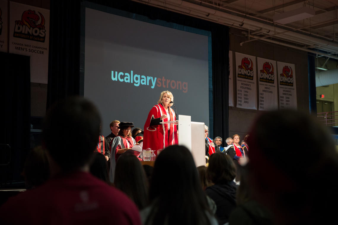 President Elizabeth Cannon spoke about the UCalgaryStrong initiative during her Induction Ceremony Speech. “It allows us to offer a truly holistic student experience, linking community engagement, leadership development and personal wellness,” she says. 
