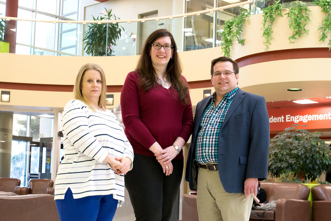 From left: Associate dean Amy Burns, senior instructor Isabelle Barrette Ng, and manager Gareth McVicar received a 2019 University of Calgary Teaching and Learning Grant for their project, Strengths-Based Teaching: The Role of StrengthsQuest for Post-Secondary Students in Teaching Roles. Photo by Jessica Snow, Taylor Institute for Teaching and Learning
