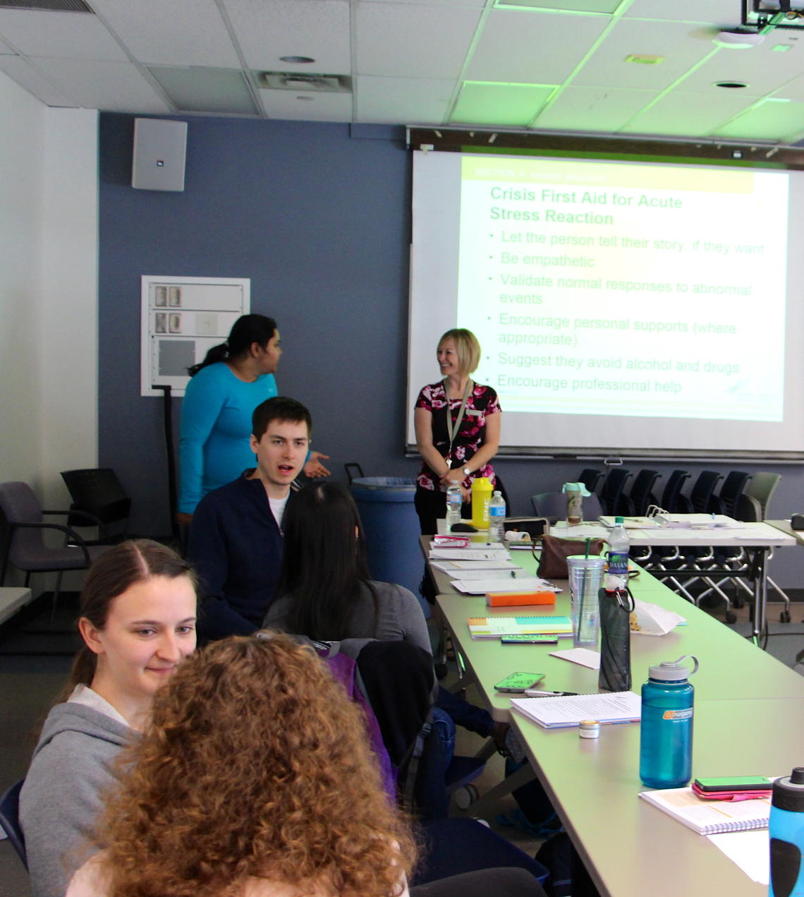 Kelly Gallant, a certified Mental Health First Aid instructor and Faculty of Social Work career specialist, works with students for two days in May to help them recognize physical and non-physical signs of mental health issues, possible situations that may arise, and how to respond to signs and symptoms. This is the first course of its kind on campus. 