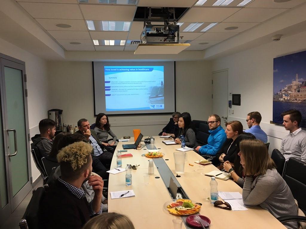 Students interact during a Q-and-A session at Israel’s Ministry of Health with Dr. Asher Salmon, on the Israeli health care system.