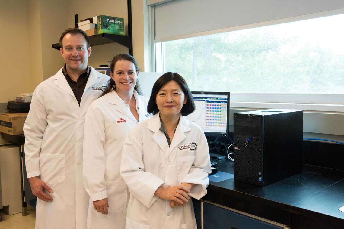 From left, Bob Shepherd, president of Syantra Diagnostics Inc.; Kristina (Tina) Rinker, director of the Centre for Bioengineering Research and Education at the Schulich School of Engineering and Hyeyoung Lee, researcher in the Department of Biomedical Laboratory Science at Yonsei University and Syantra co-founder.