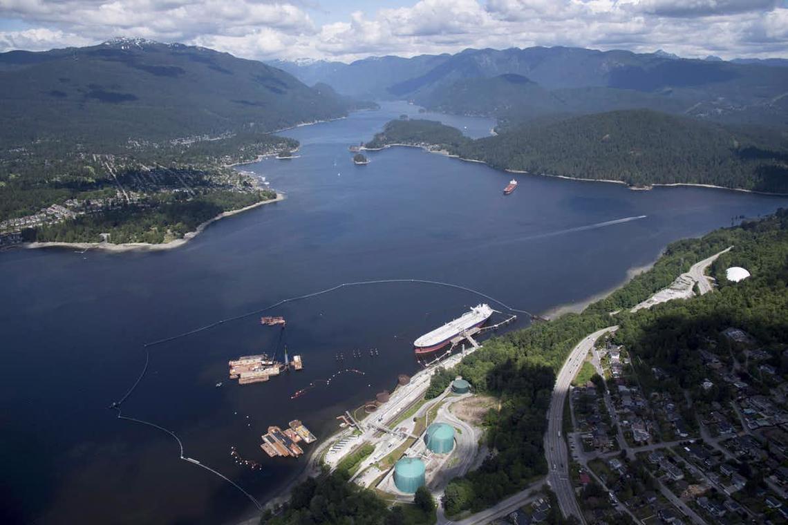 An aerial view of the Trans Mountain marine terminal in Burnaby, B.C.