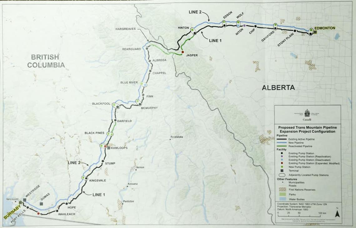 A map of the proposed Trans Mountain pipeline extension.