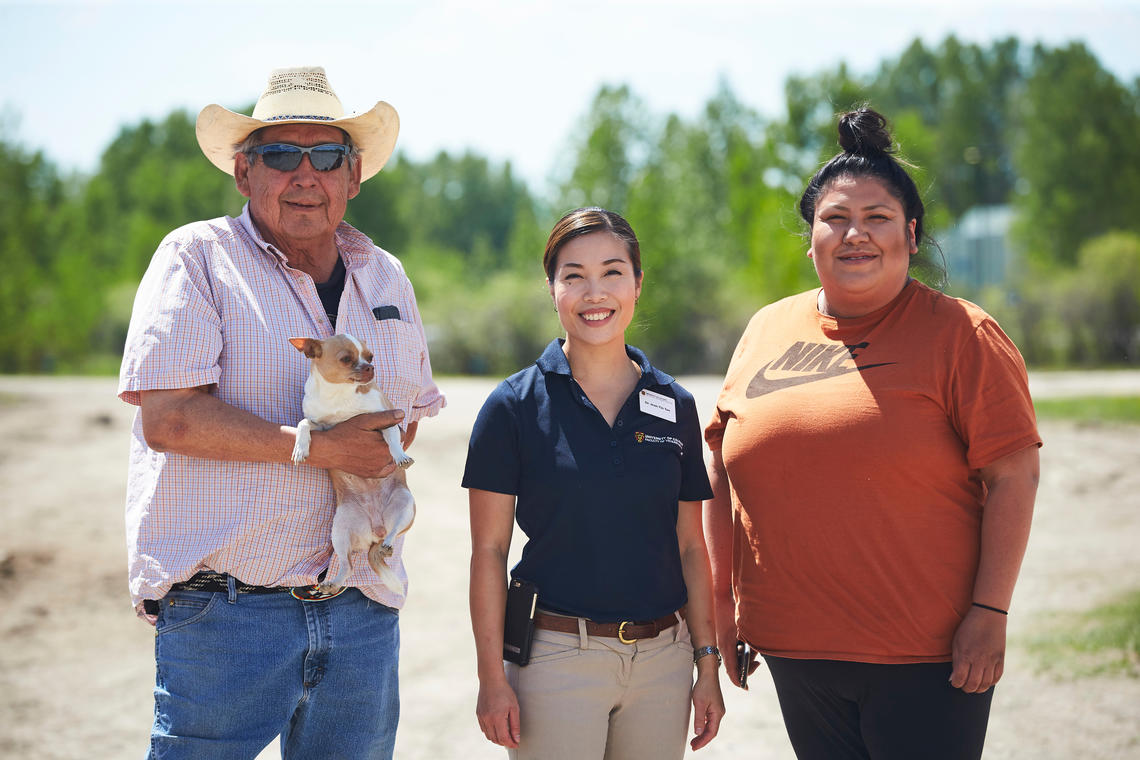 Marvin Dodginghorse, left, Jean-Yin Tan, and Julie Dodginghorse at a recent equine health rotation at the Tsuut'ina Nation. 