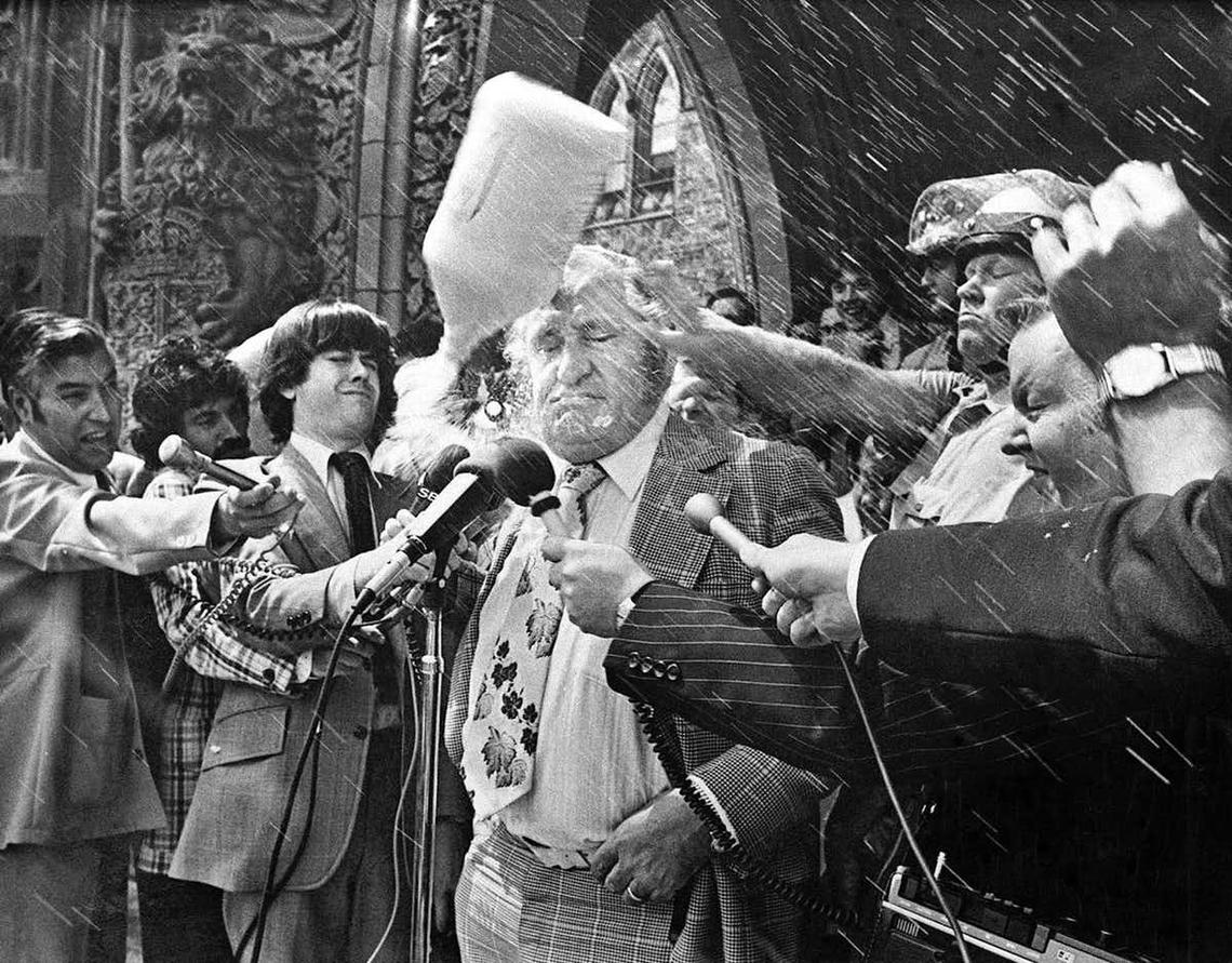 Dairy farmers have been a powerful lobby group in Canada for decades. In this photo from 1976, Canadian Agriculture Minister Eugene Whelan is doused with milk during a protest for a dairy subsidy to compensate for low prices. 