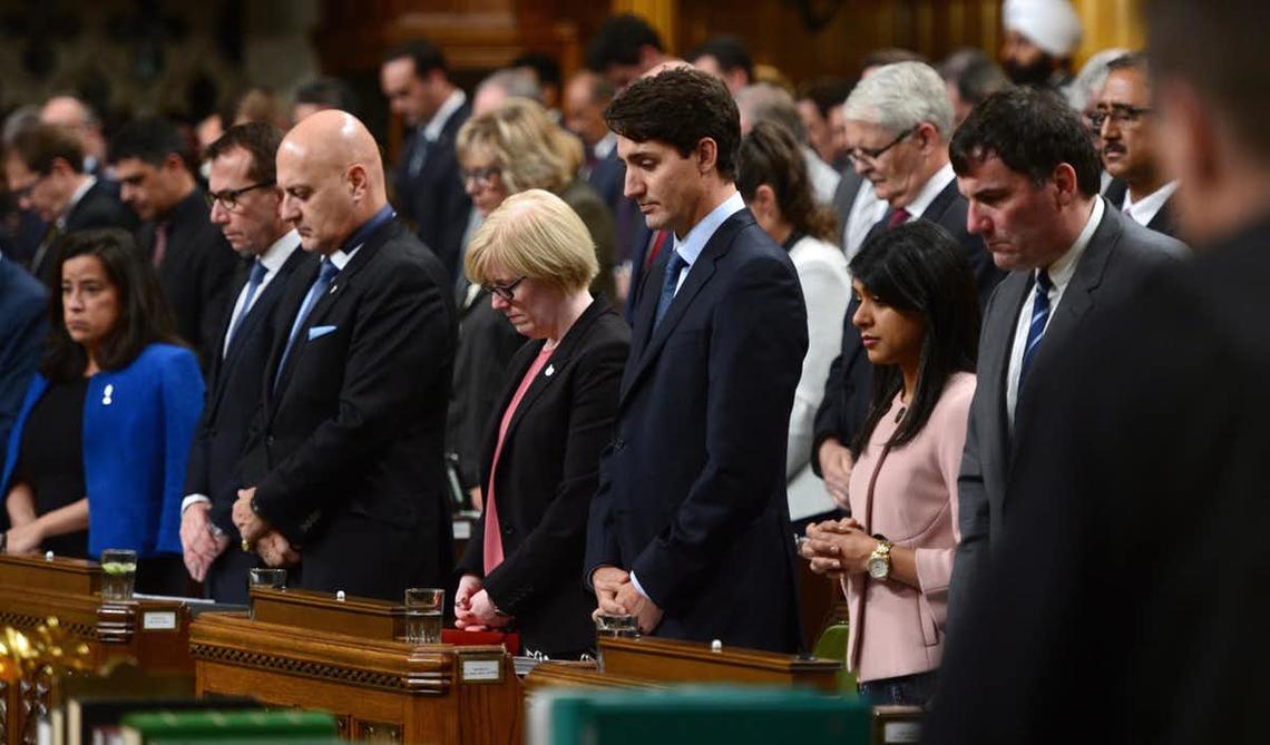 Prime Minister Justin Trudeau joins fellow leaders and Members of Parliament in a moment of silence for the late Gord Downie during question period in the House of Commons on Parliament Hill in Ottawa on Wednesday, Oct. 18, 2017.
