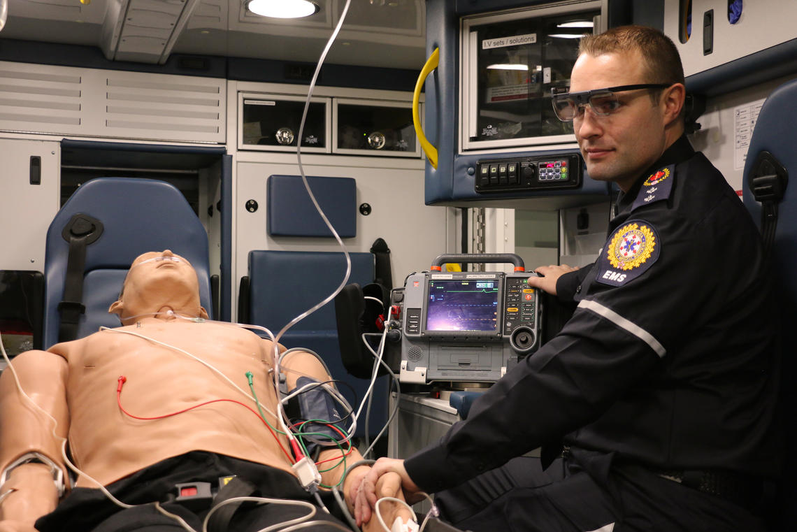 In this simulation Greg Sikora, EMS paramedic, is wearing the eye tracking glasses that assisted in the study. 