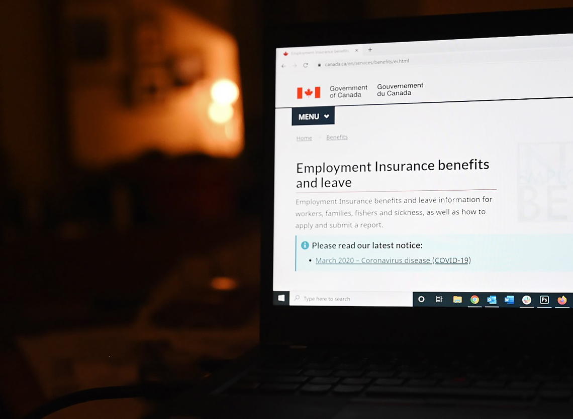 The employment insurance section of the Government of Canada website highlighting the CERB is shown on a laptop in Toronto in April 2020. 