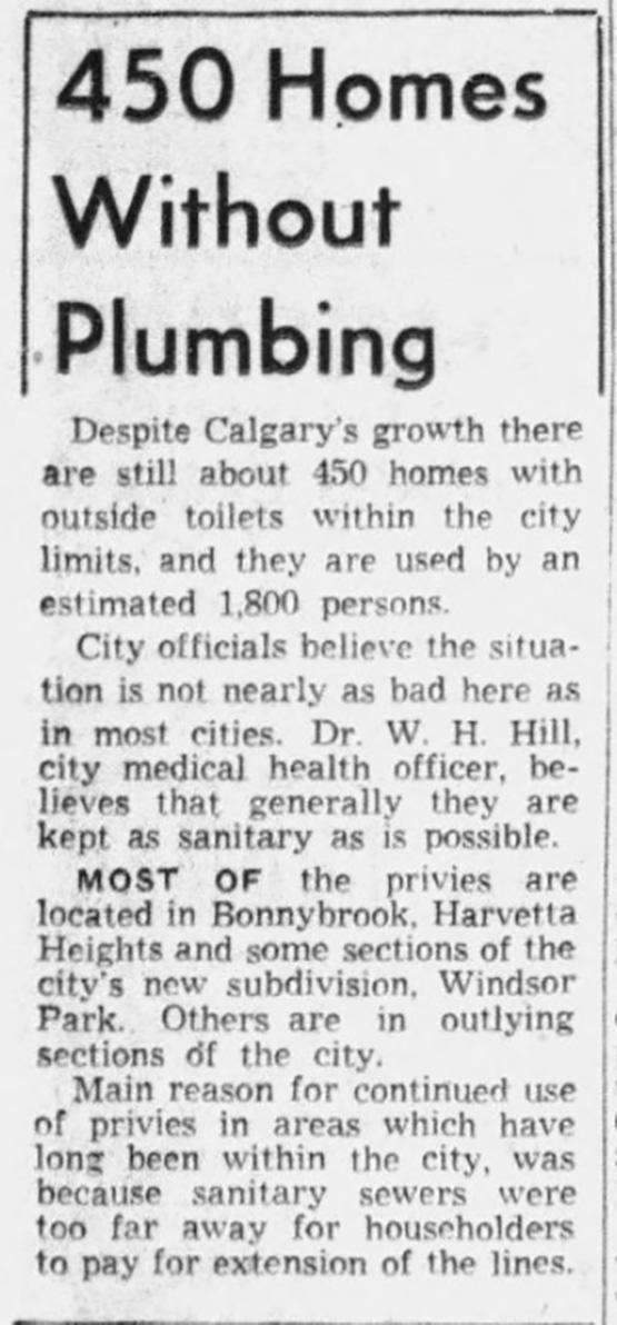 Calgary Herald newspaper clipping from July 1951 on Harvetta Heights’ plumbing situation. 