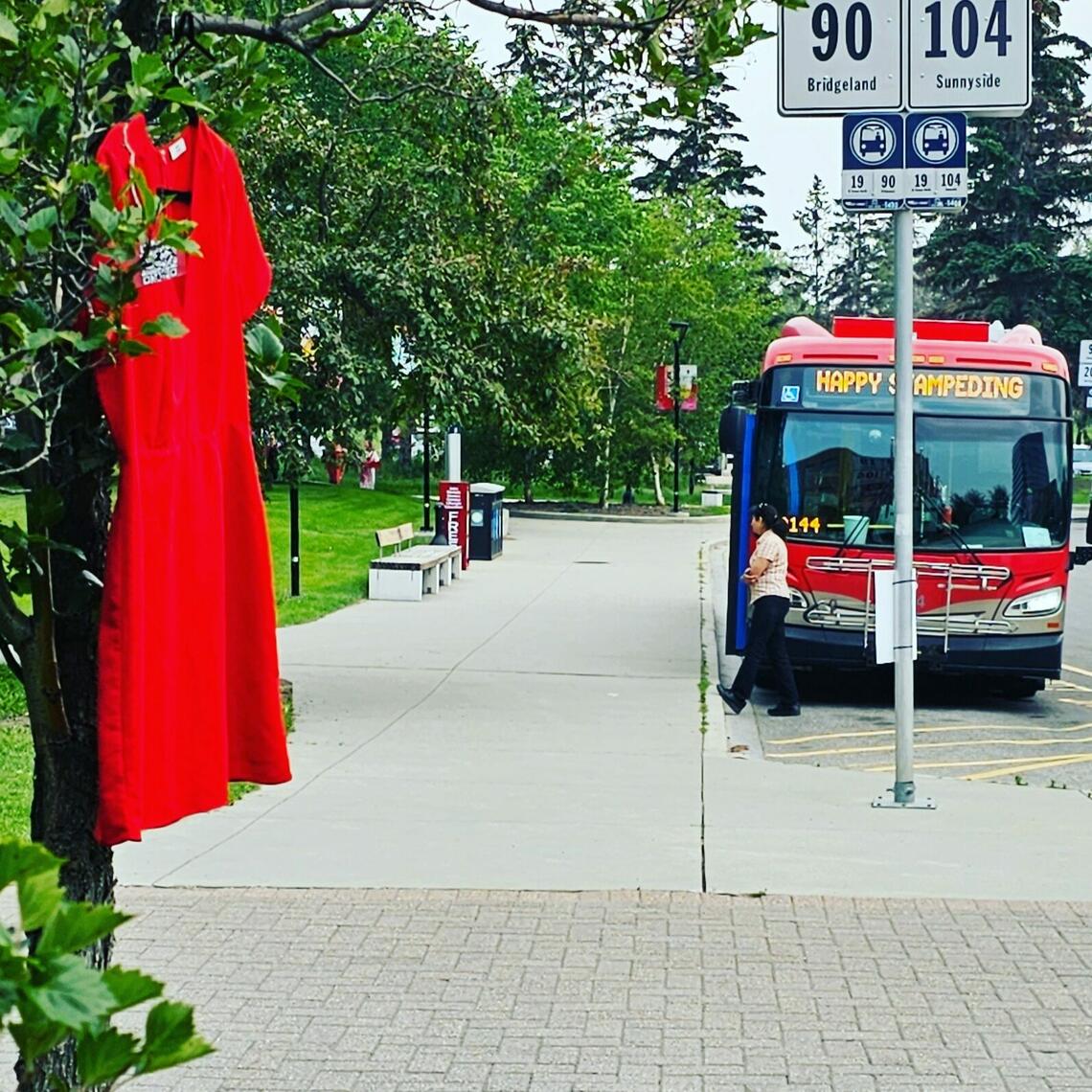 Red dress on campus