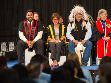 From left: Students' Union President Sagar Grewal, Chancellor Deborah Yedlin, Traditional Knowledge Keeper Kelly Good Eagle, and Provost Dru Marshall.