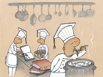 An illustration of three chefs pulling words out of a book and using them to cook a soup