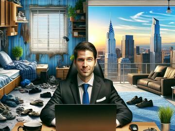 An illustration of a man sitting at a desk where one half shows a put together corporate version and the other a messy at-home version