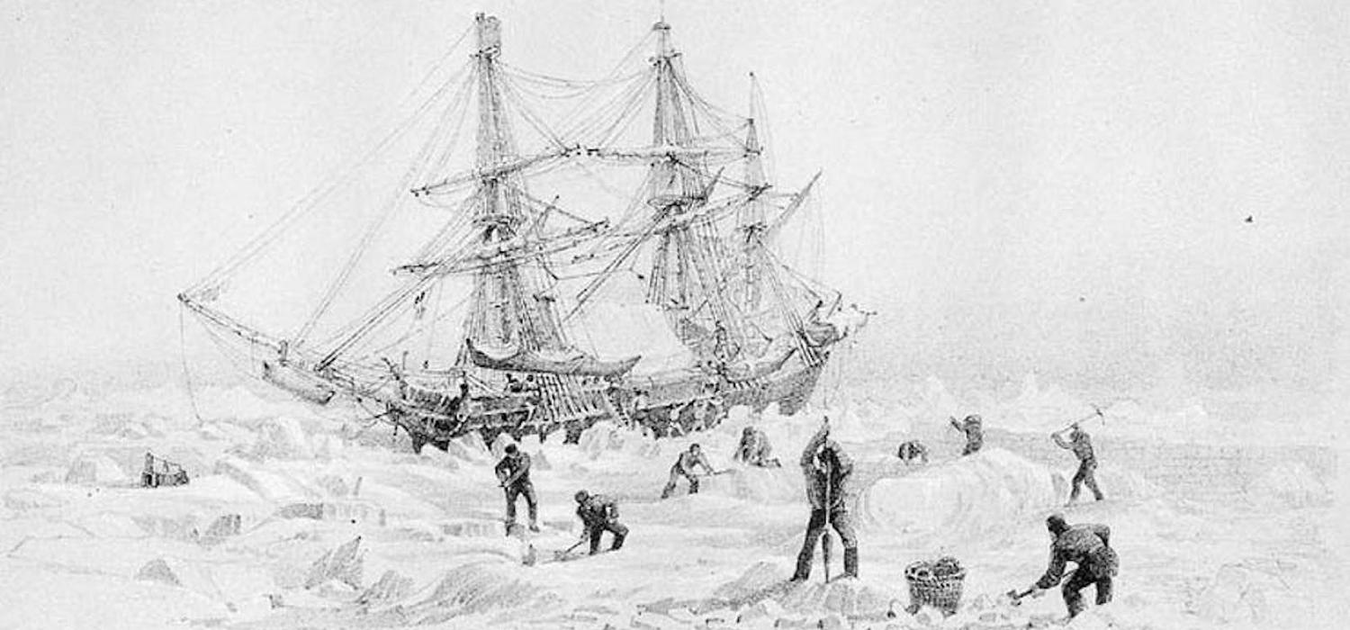 HMS Terror thrown up by the ice. Engraving after a drawing by Captain George Back, from his 1836-37 Arctic expedition.
