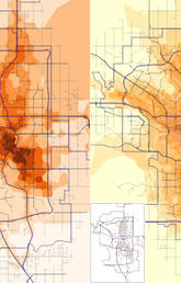 Summer (left) and winter (right) NO2 (nitrogen dioxide) levels in Calgary, estimated from 99 summer and 94 winter samples, shown in the insets.