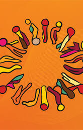 A circle of colourful figures on top of an orange background.