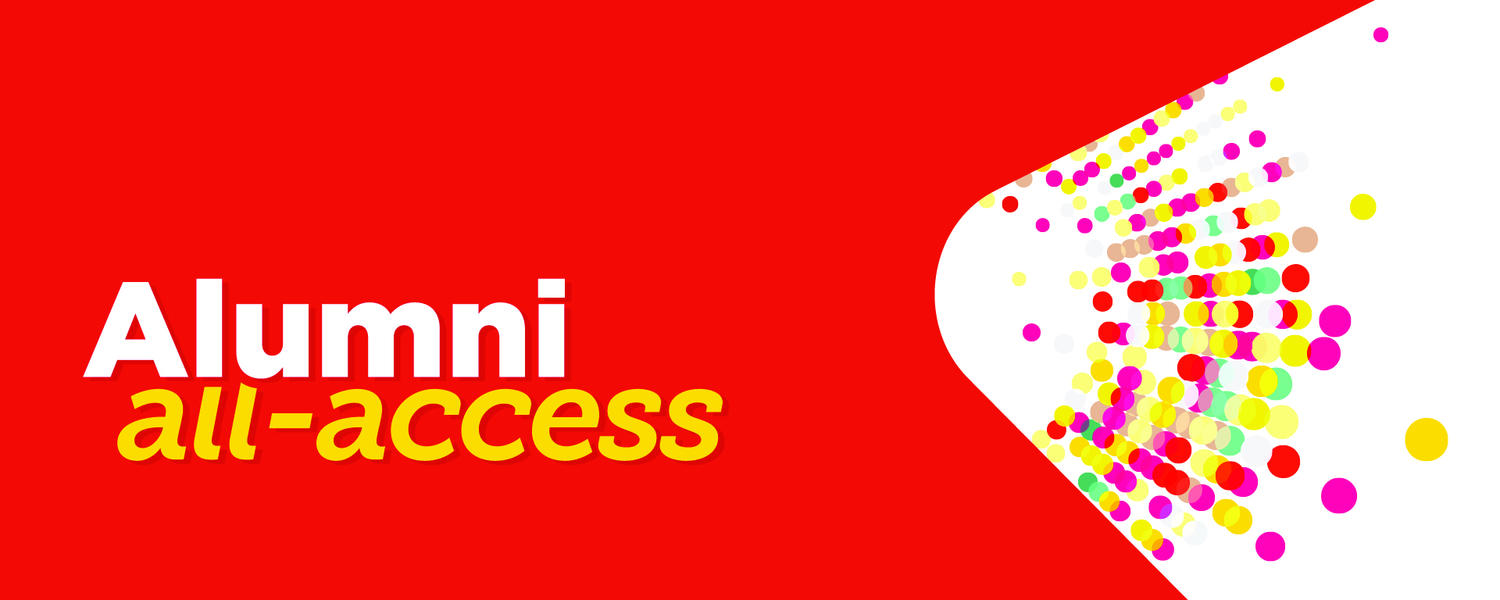 Red banner with the words "Alumni All-Access" written across it" 