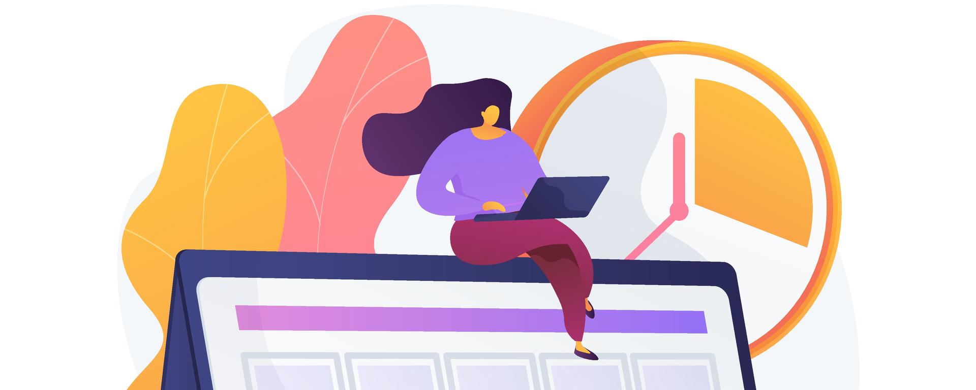 A cartoon individual sitting on a laptop 