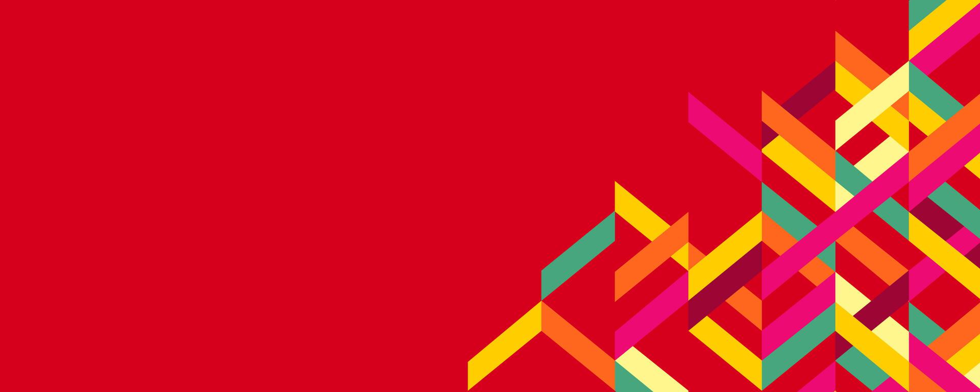 A red banner with green, yellow, pink, and orange intersecting lines along the right side.