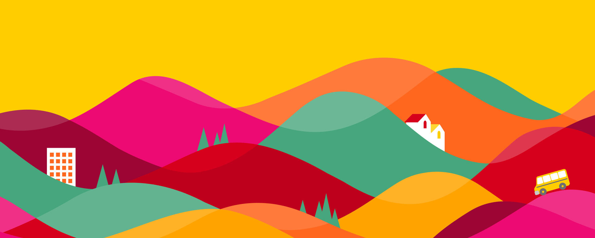 A cartoon banner of multi-coloured hills with a mini school bus driving along them.