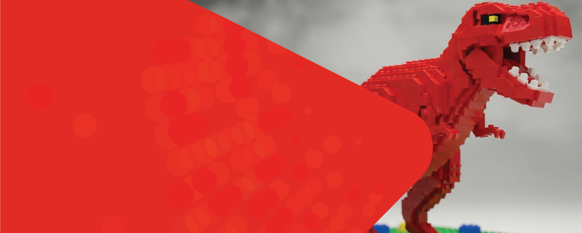 alumni all access banner with an image of a LEGO t-rex