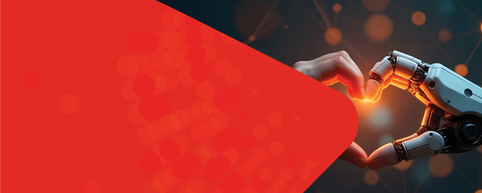 alumni all access banner with an image of a human hand and a robot hand making a heart