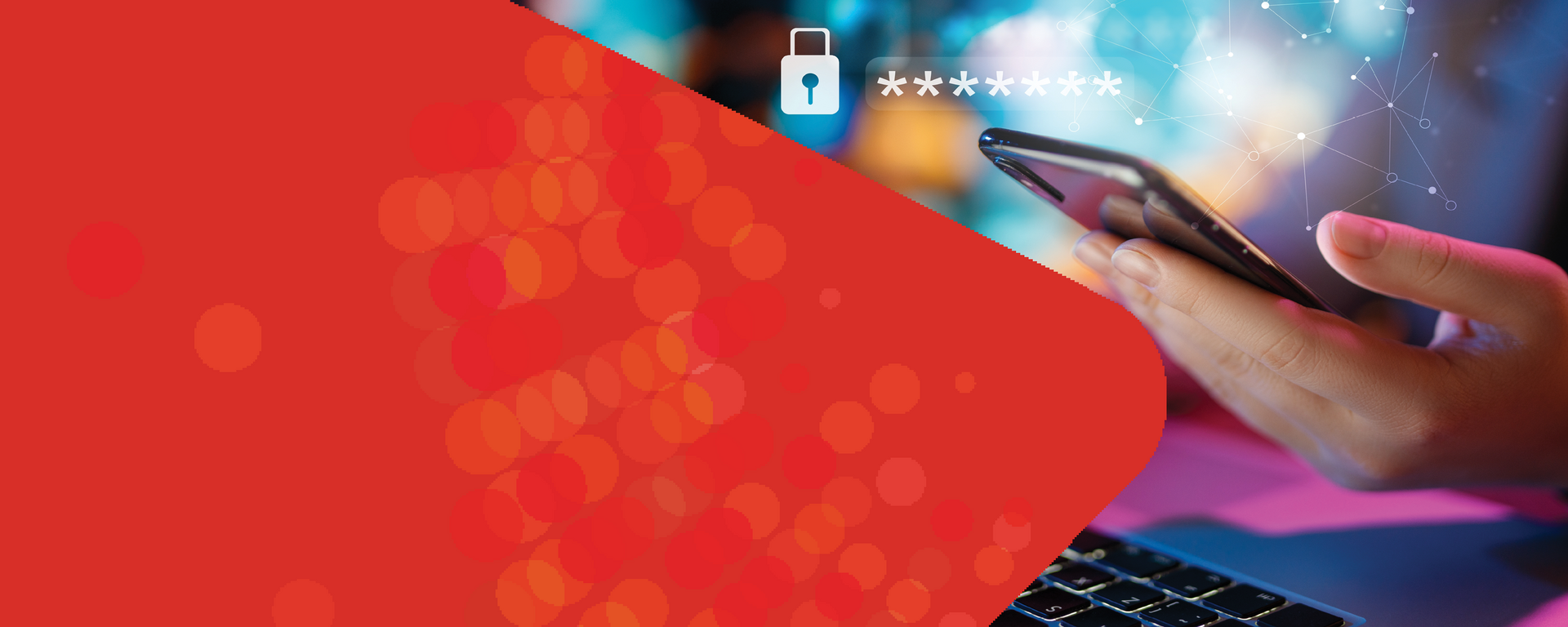 A person holding a phone with a password lock graphic beside.