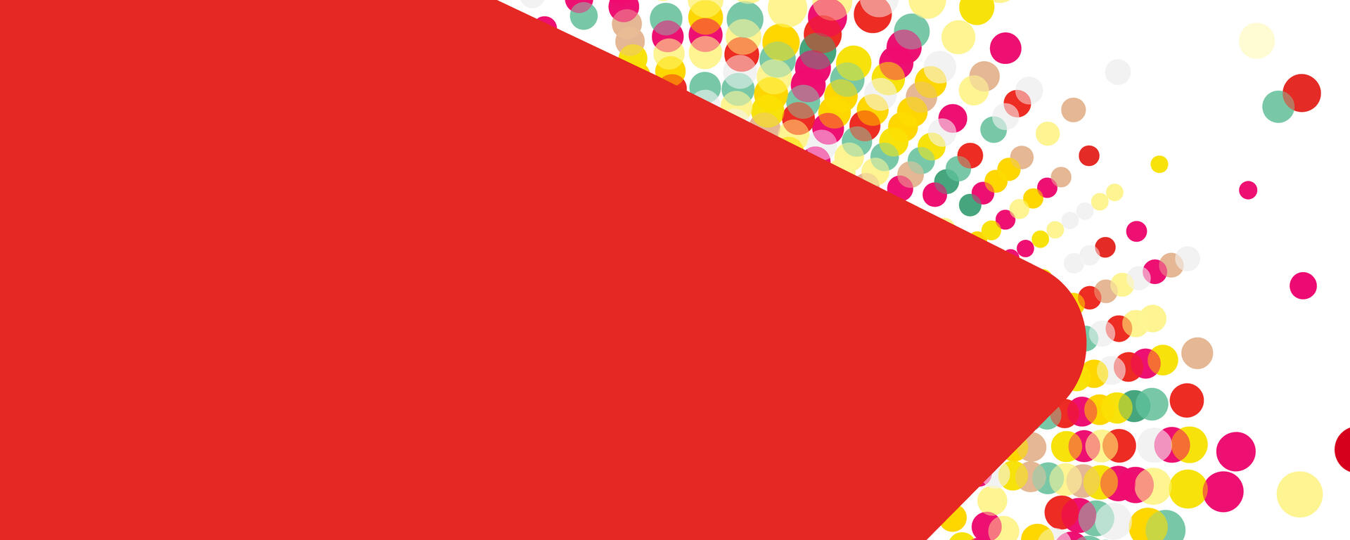 A red banner with yellow, green, and red confetti on the right hand side.
