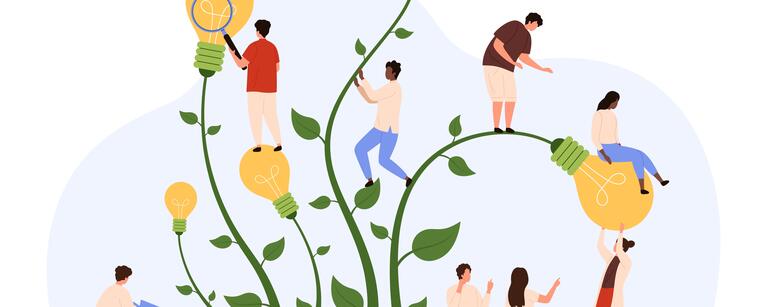 A cartoon photo of lightbulbs growing on vines and various people climbing them.