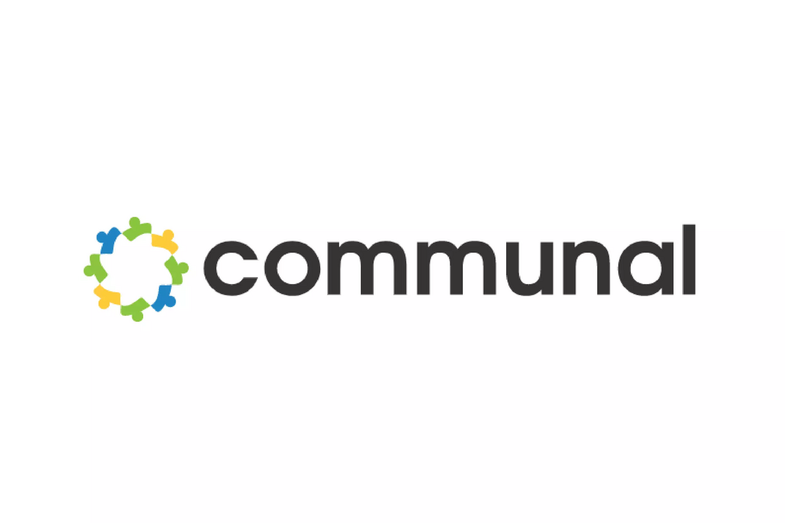 A photo of the communal logo, which includes green, yellow and blue people icons creating a circle, beside the word "communal" in black text. 