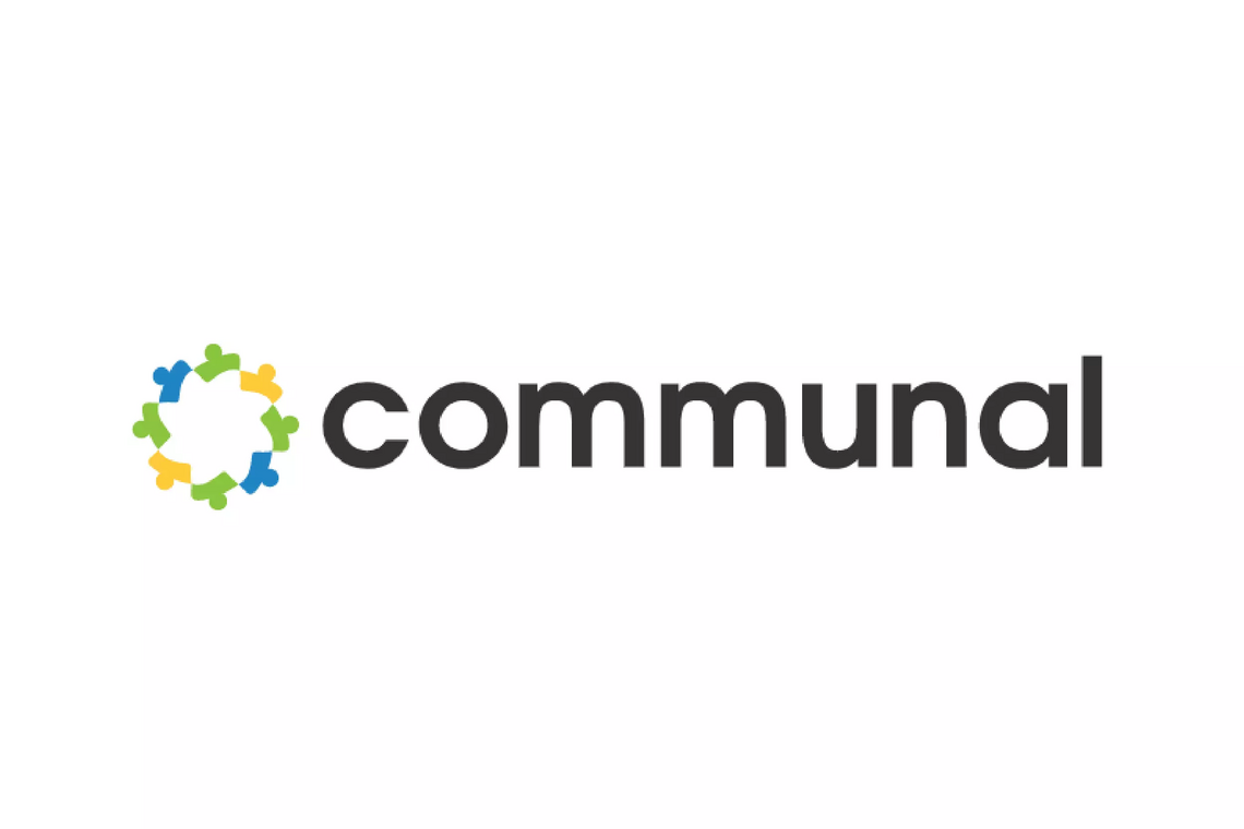 A photo of the communal logo, which includes green, yellow and blue people icons creating a circle, beside the word "communal" in black text.