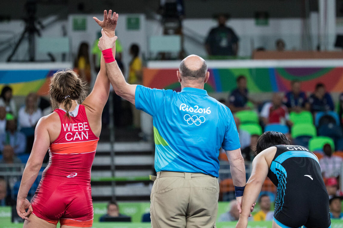 Team Canada's Erica Elizabeth Wiebe battles in 63 kg Women's Wrestling during the quarter finals match at the 2016 Rio Olympics. 
