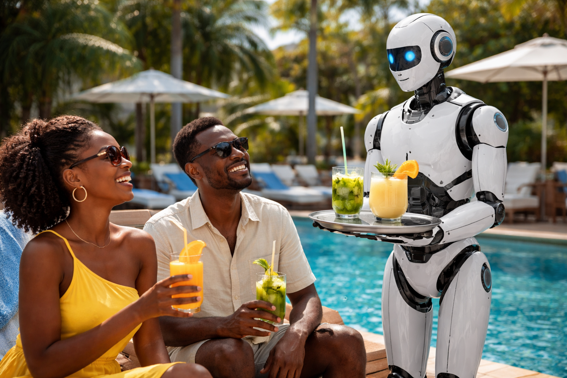 A robot serving drinks to humans by a pool
