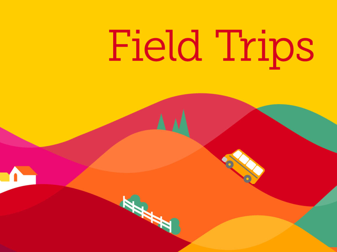 Field Trips banner with a house and bus on rolling hills 
