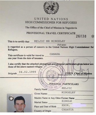 Miroslav’s UN refugee certificate which he says was his “one-way” passport to Canada. 
