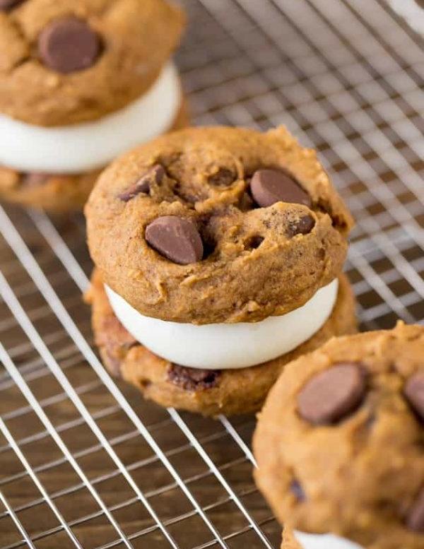 Pumpkin Chocolate Chip Whoopie Pies with Cream Cheese Filling