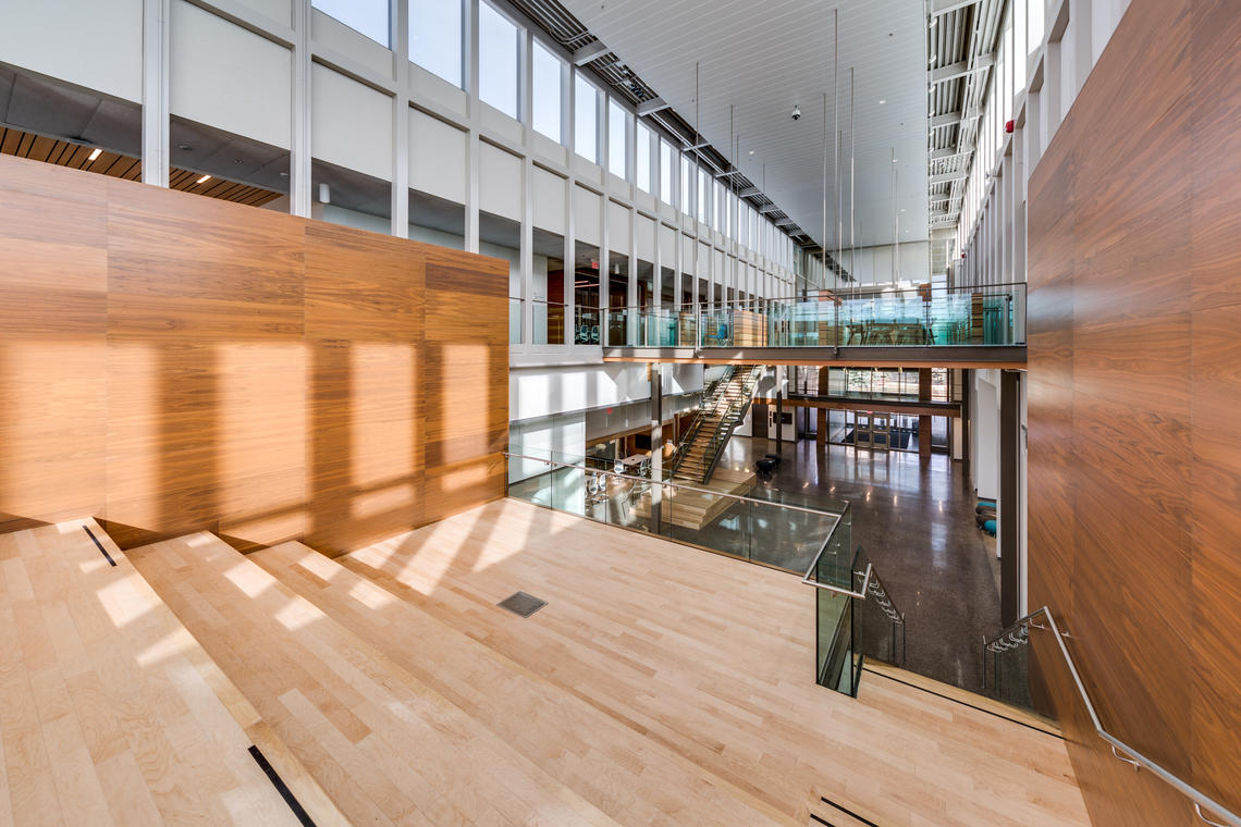 The central atrium of the two-storey Taylor Institute allows you to see into multipurpose, flexible classrooms.