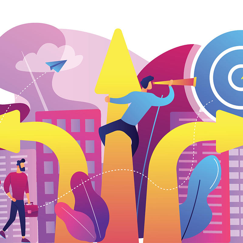 A cartoon featuring characters searching among arrows and buildings
