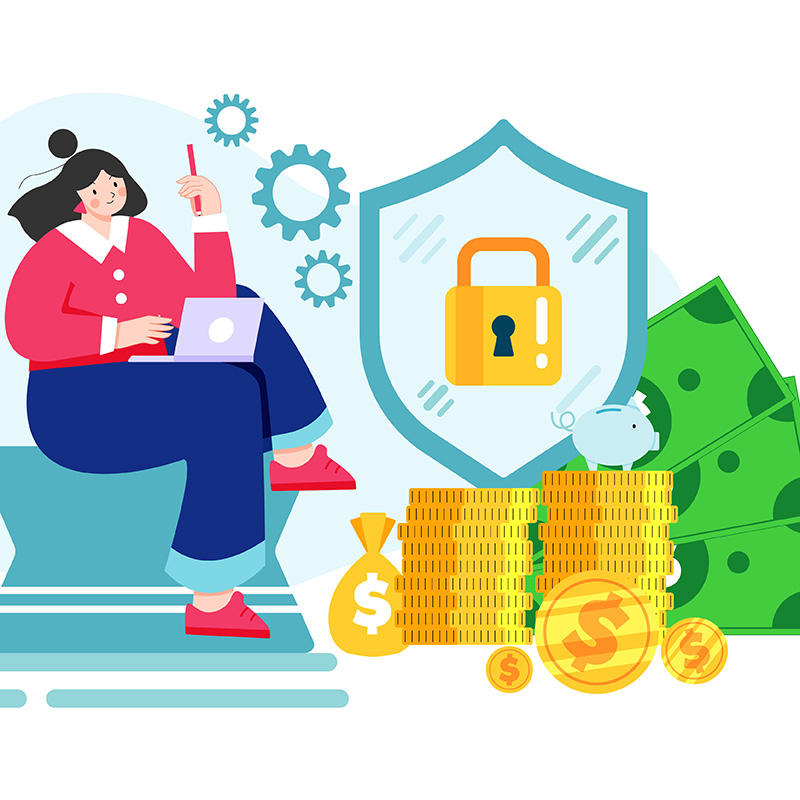 A cartoon image of a woman thinking about money and a lock