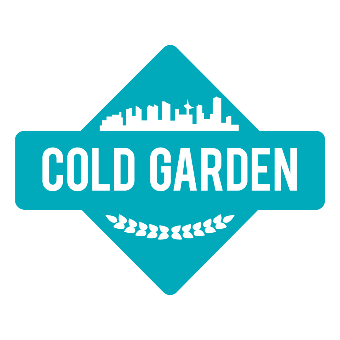 A blue logo with white writing that says "Cold Garden" and that has a white silhouette of the Calgary cityscape above it and a ribbon of hops along the bottom. 
