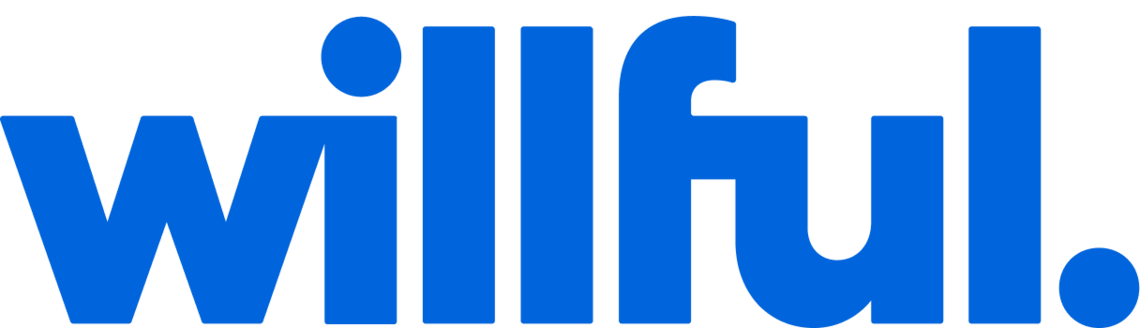 The willful logo which includes "willfull" in all lower-case letters written in blue, followed by a period. 